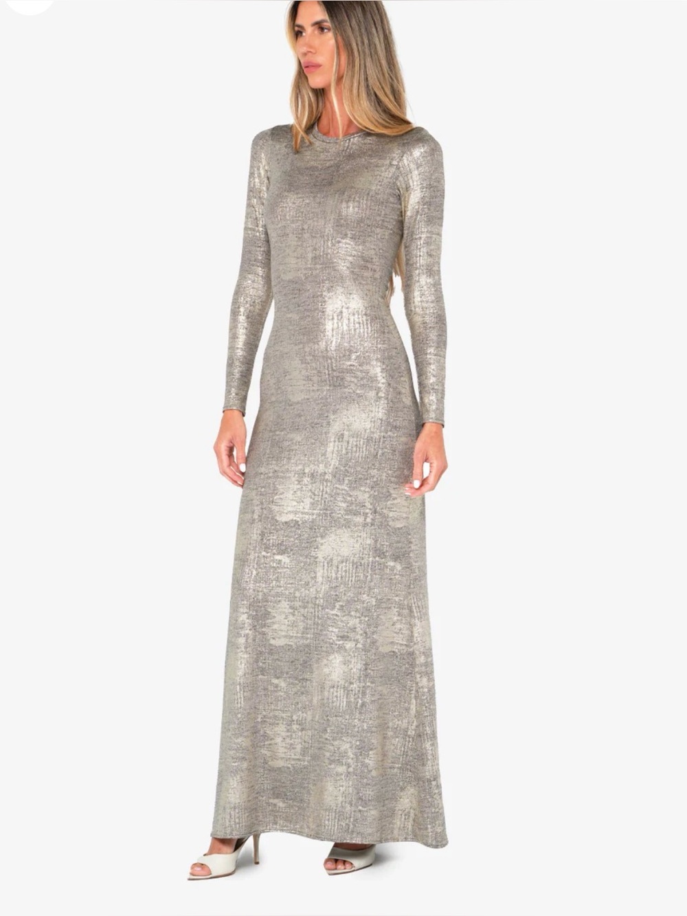 JBQ Metallic Long-Sleeve Silver Maxi Dress